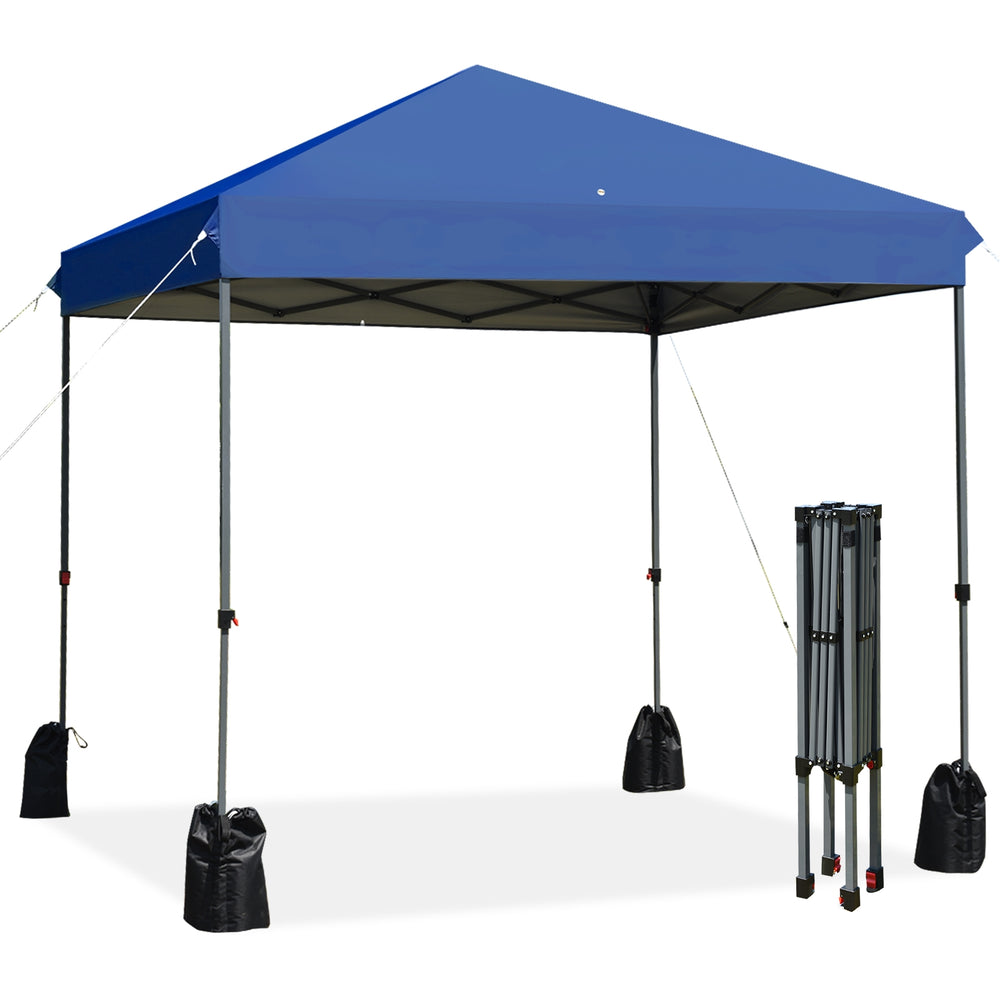Blue 8'x8' outdoor pop-up canopy tent with a sturdy steel frame, adjustable height, and portable roller bag for easy.