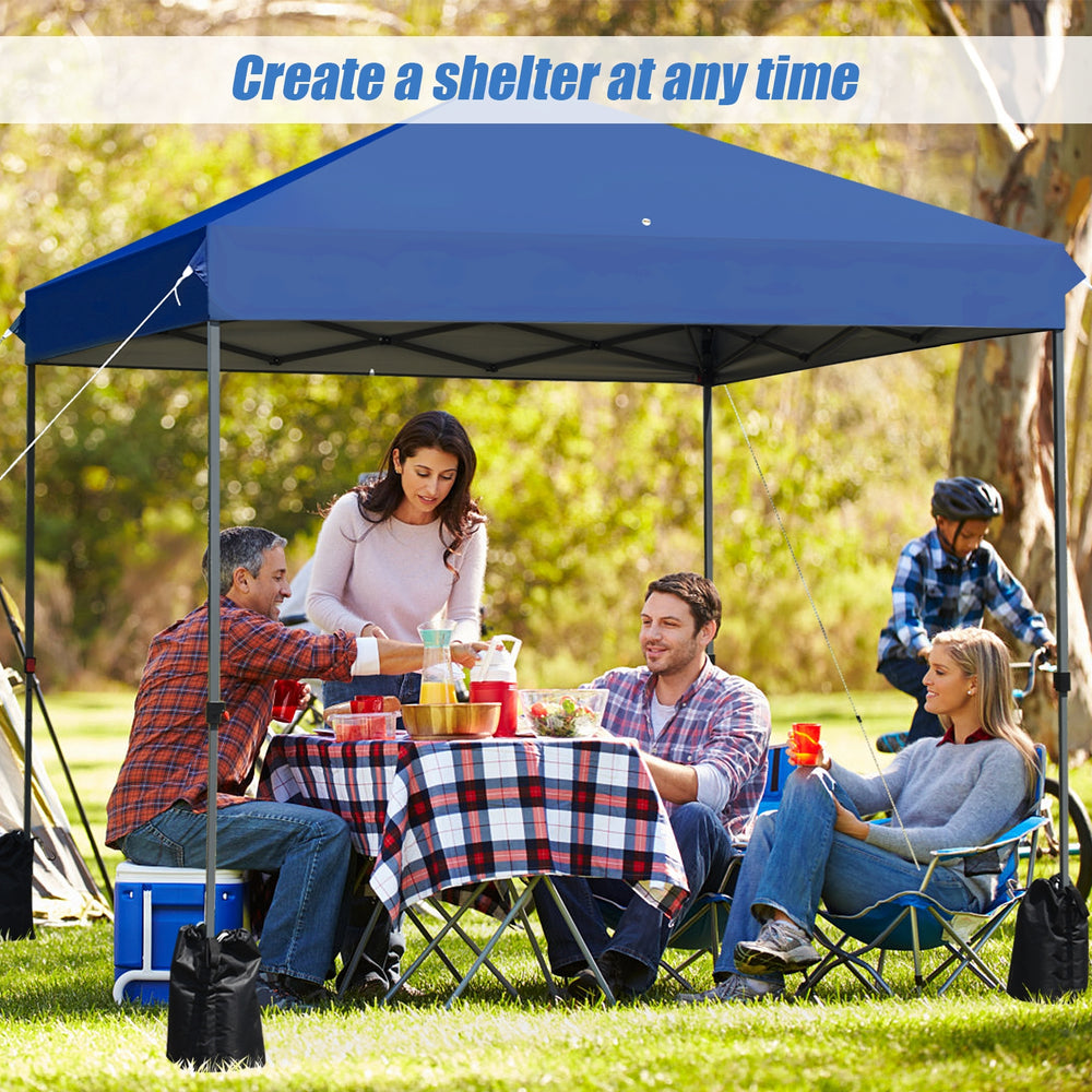 Outdoor pop-up canopy tent in blue, featuring a sturdy steel frame, adjustable height, and ideal for gatherings and.