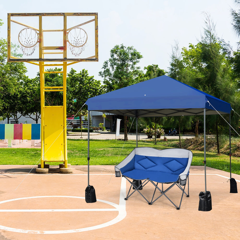 Blue 8'x8' outdoor pop-up canopy tent with sturdy steel frame, ideal for outdoor gatherings and activities.