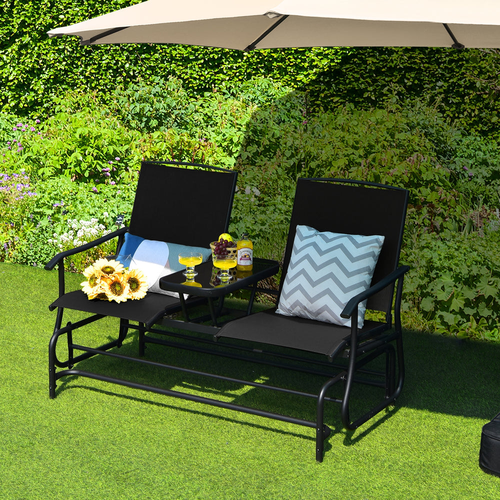 2-Person Double Rocking Loveseat with Mesh Fabric and Center Tempered Glass Table-Black - Gallery View 1 of 12