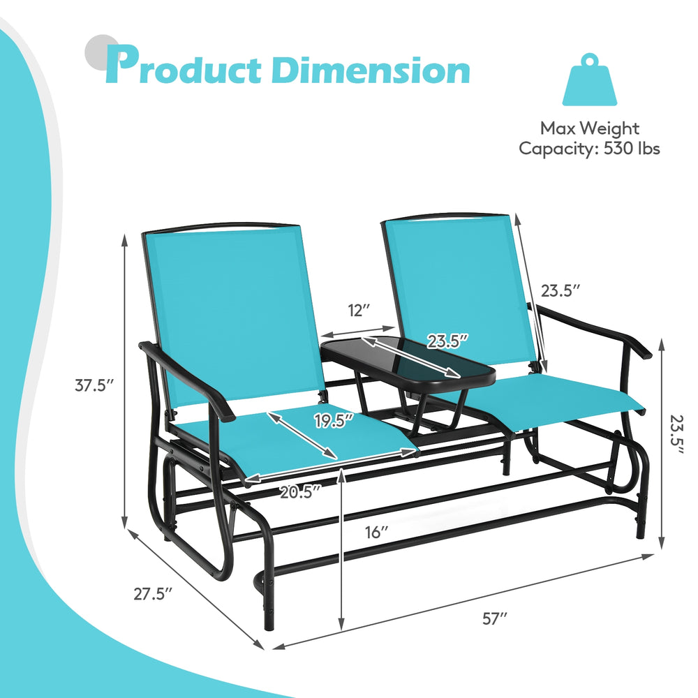 Double rocking loveseat in turquoise with tempered glass table, ergonomic armrests, and 530 lbs capacity for outdoor.
