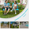 Two-person double rocking loveseat in turquoise with tempered glass table, perfect for outdoor relaxation on patio or.