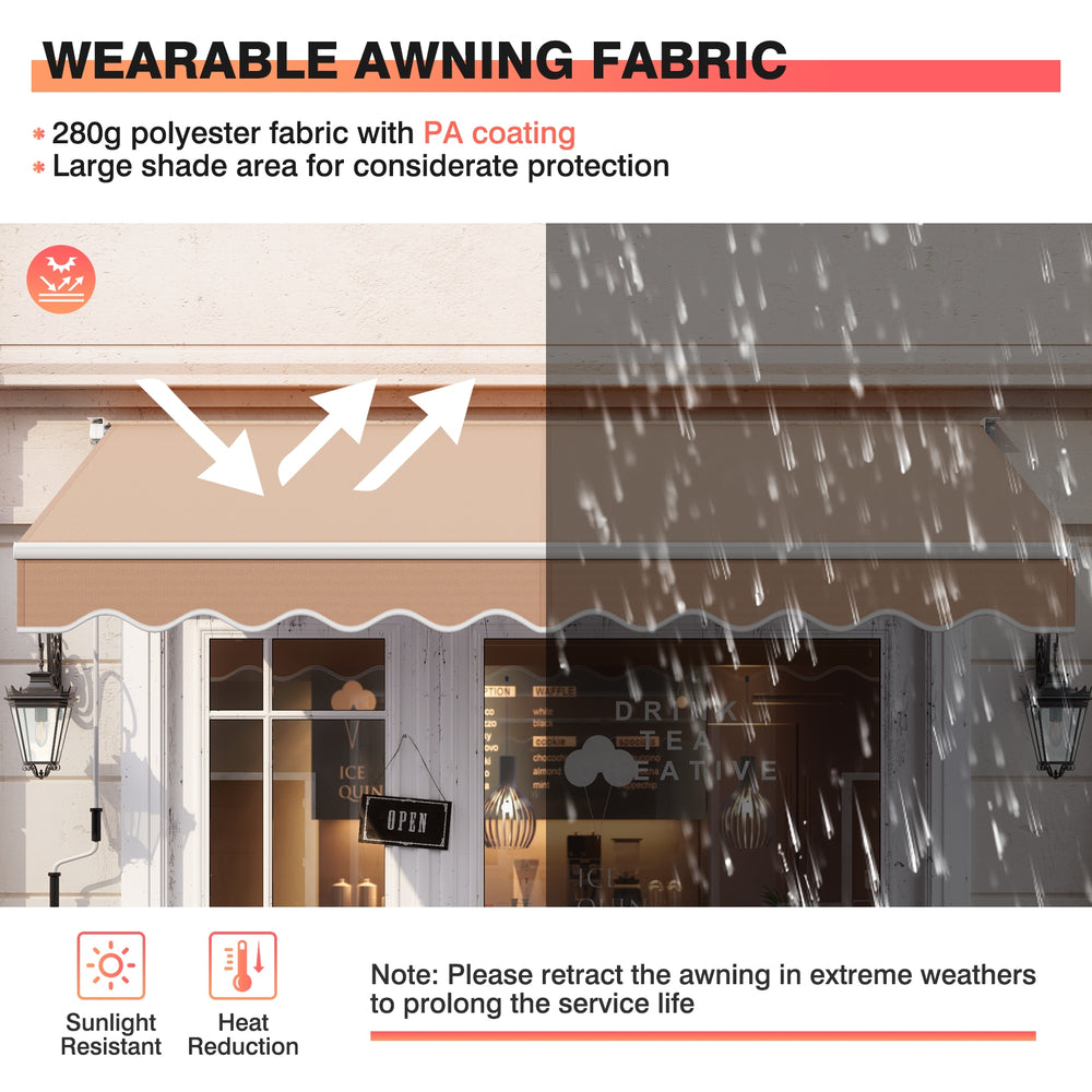 Retractable 10 x 8.2 feet awning in beige with manual crank, made of durable 280g polyester for outdoor shading.