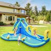 Inflatable water slide with climbing wall, splash pool, and water cannons for kids' outdoor fun and safety.