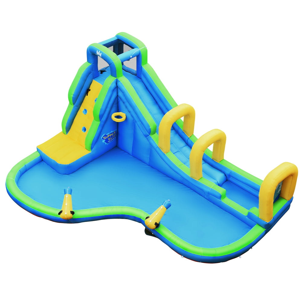 Inflatable water slide with climbing wall, splash pool, and water cannons, perfect for kids' outdoor fun.