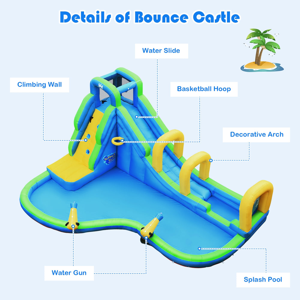 Inflatable water slide bounce house featuring a climbing wall, splash pool, and water cannons for kids' outdoor fun.