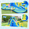 Inflatable water slide with climbing wall and water cannons, designed for kids' fun in wet or dry conditions.