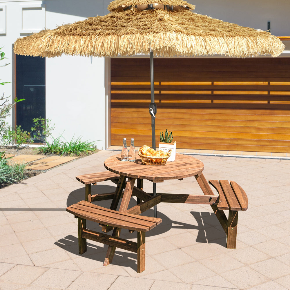 Wooden picnic table set for 6 with benches and umbrella hole, made of fir wood, ideal for outdoor patios.