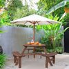 Wooden picnic table set with benches, made of fir wood, features a central umbrella hole, perfect for outdoor dining.