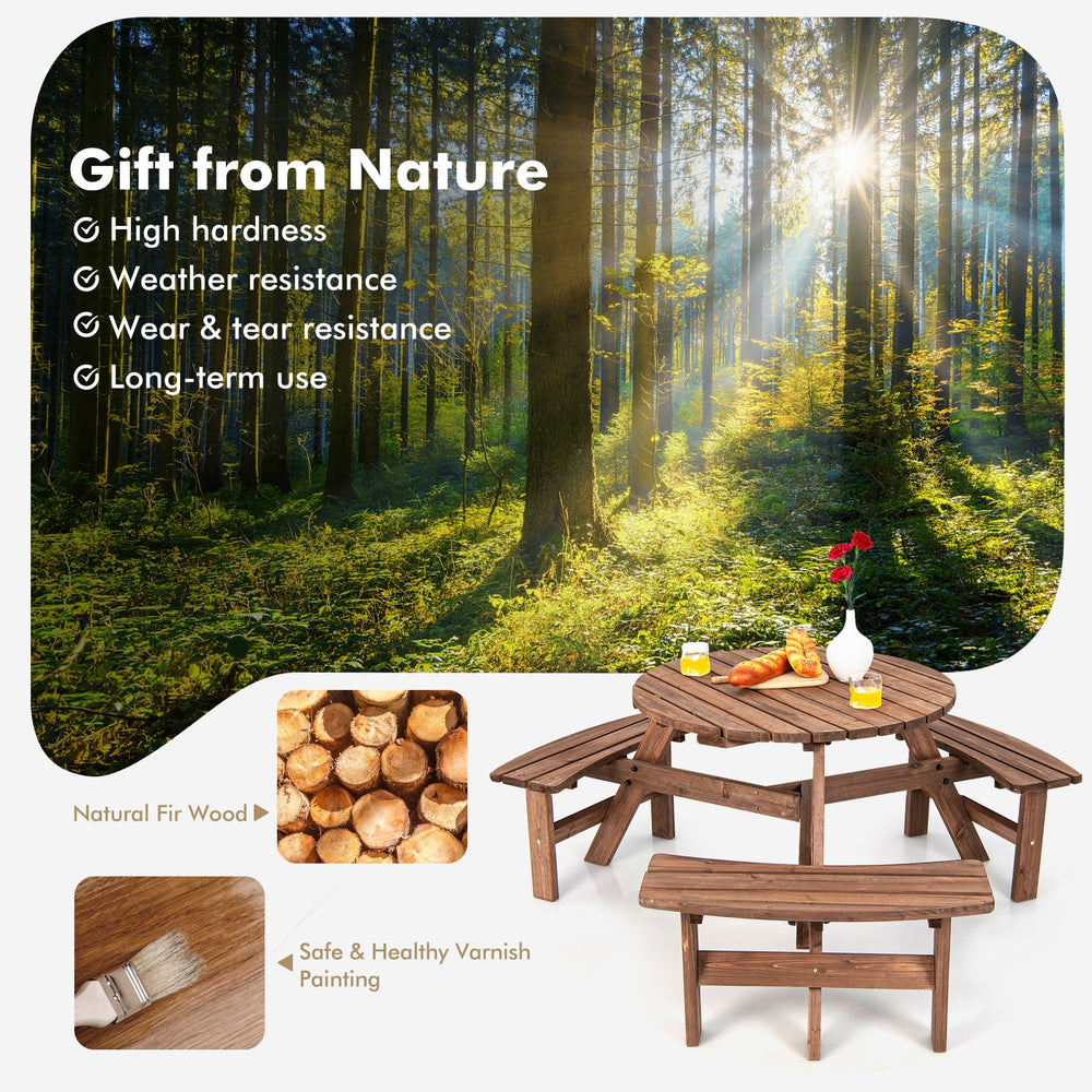 Wooden picnic table set for 6 with bench and umbrella hole, made of fir wood, ideal for outdoor gatherings.