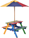 Multicolor 4-seat kids picnic table with umbrella, made of eco-friendly fir wood, perfect for outdoor meals and play.