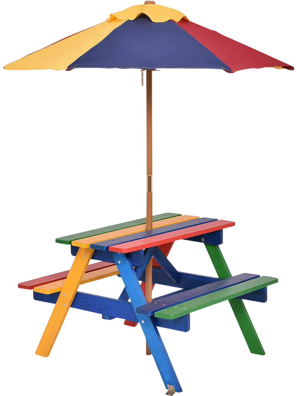 Multicolor 4-seat kids picnic table with umbrella, made of eco-friendly fir wood, perfect for outdoor meals and play.