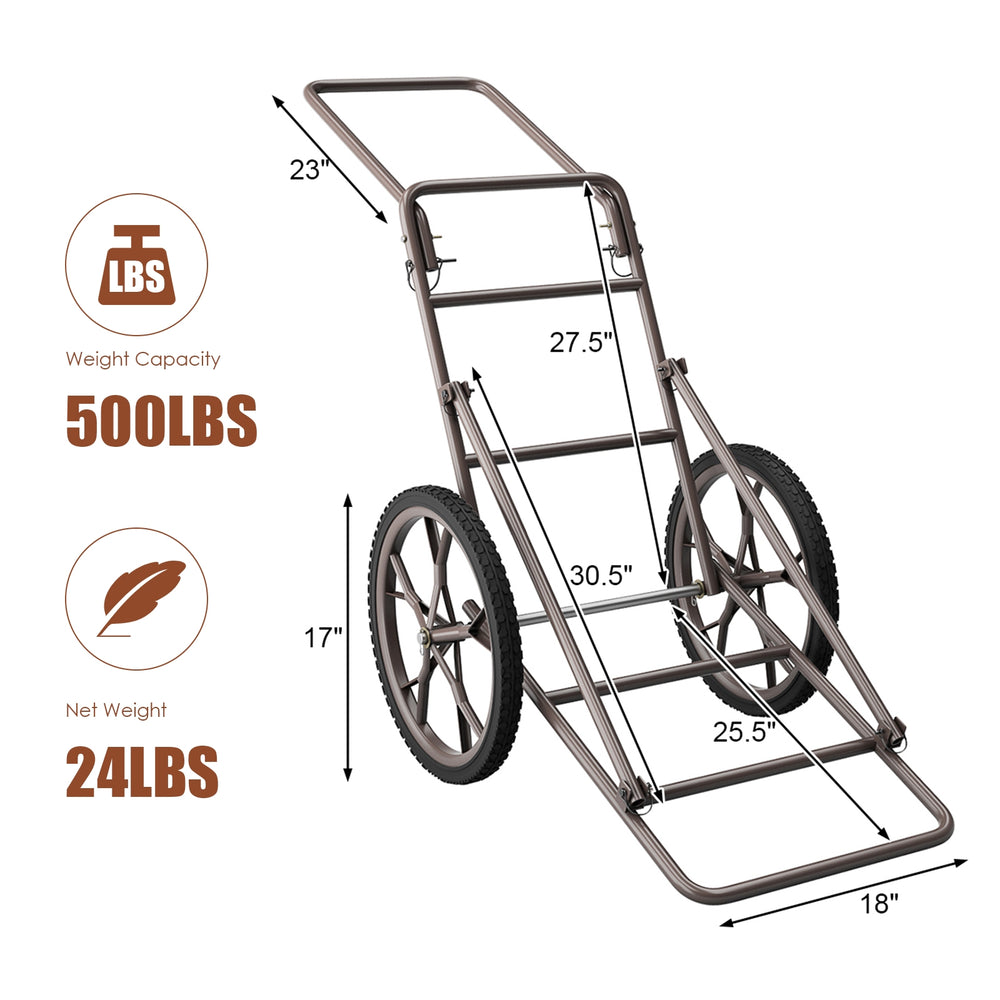 Larger Capacity Folding Deer Game Cart with 17" wheels, 500 lbs capacity, and heavy-duty steel frame for outdoor use.