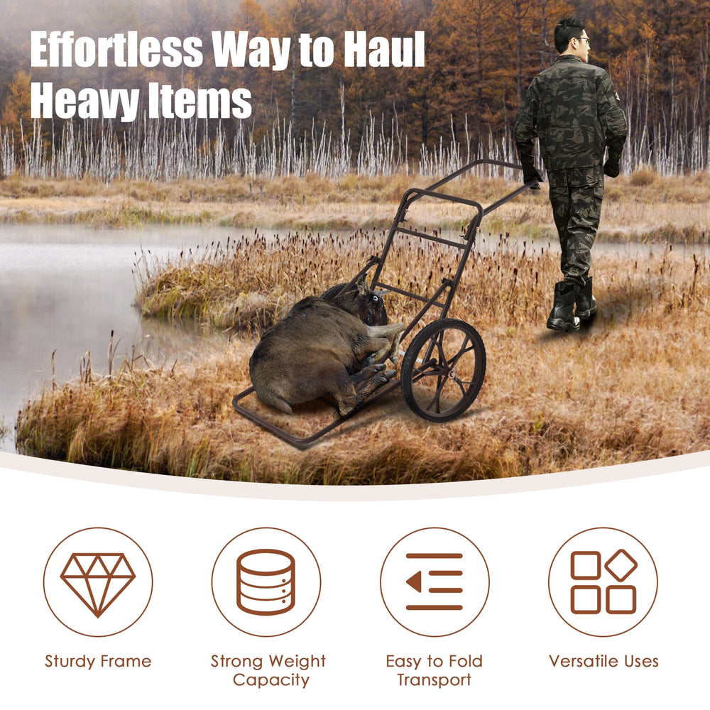 Folding deer game cart with large 17" wheels and sturdy steel frame, ideal for transporting heavy items outdoors.