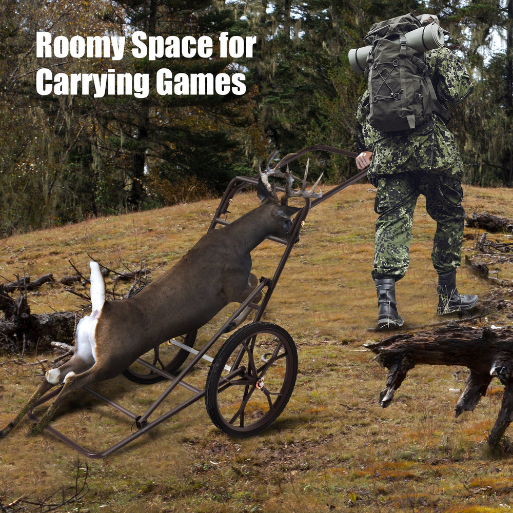 Larger Capacity Folding Deer Game Cart with large 17" wheels and sturdy steel frame for transporting game easily.