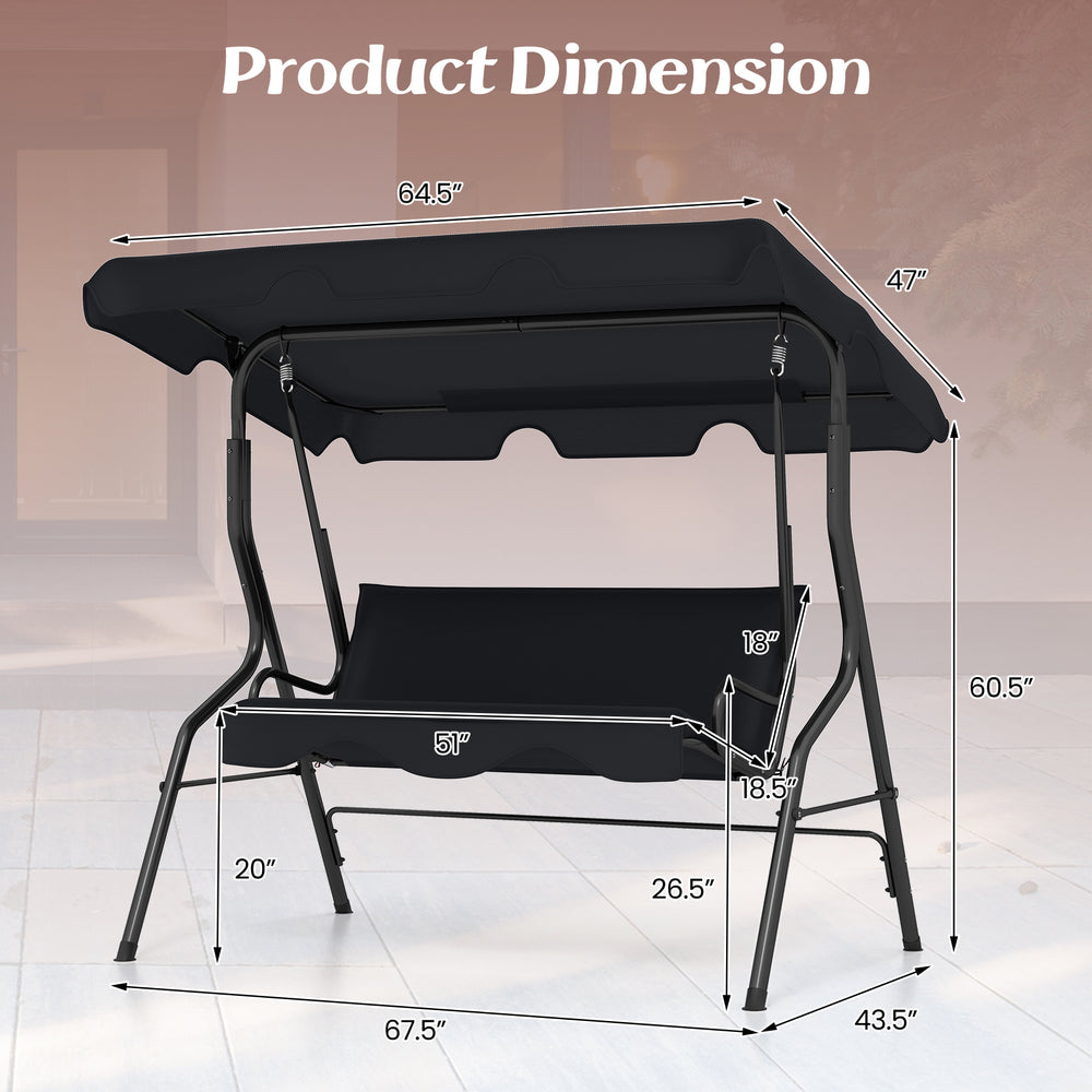 3-seat outdoor patio canopy swing with cushioned black steel frame, dimensions shown for easy assembly and placement.