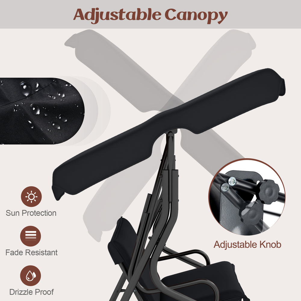 Adjustable canopy detail of the 3 seat outdoor patio swing with cushioned steel frame, offering sun protection and.