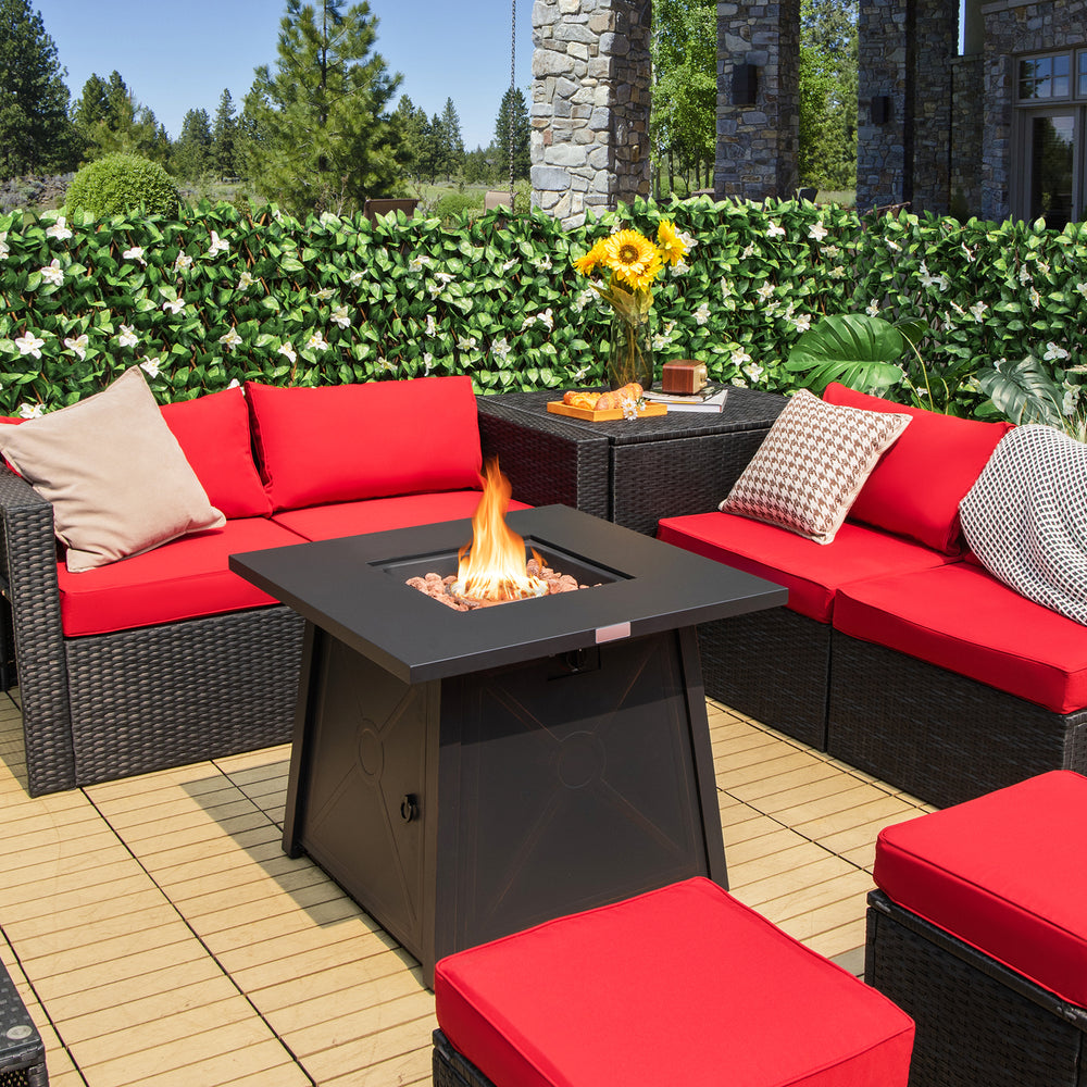 30-inch square propane gas fire table with red cushions, providing 50,000 BTU heat, perfect for outdoor gatherings.