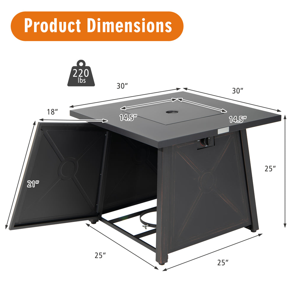 Dimensions of the 30 Inch Square Propane Gas Fire Table with waterproof cover, featuring a sturdy steel frame for.