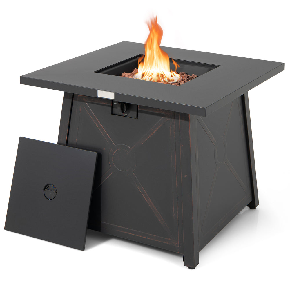 30-inch square propane gas fire table with a waterproof cover, featuring a 50,000 BTU heat output for outdoor warmth.