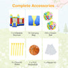 Inflatable bounce slide jumping castle with 100 ocean balls, carrying bag, and ground stakes for stable outdoor fun.