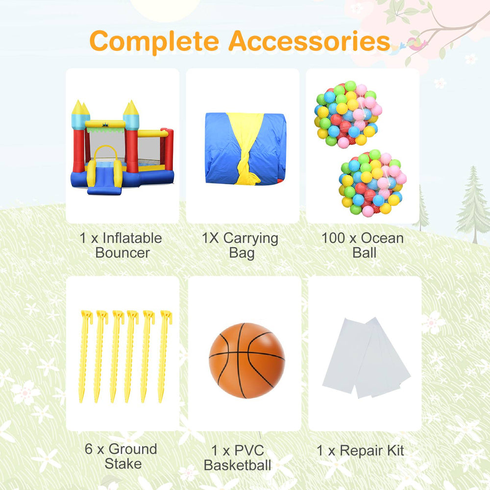 Inflatable bounce slide jumping castle with 100 ocean balls, carrying bag, and ground stakes for stable outdoor fun.