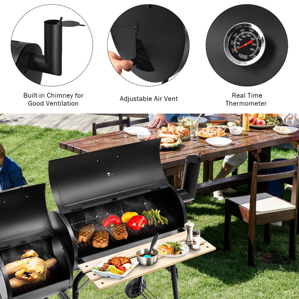 Outdoor BBQ grill with heavy-duty steel construction, side shelf, and built-in chimney for efficient cooking outdoors.
