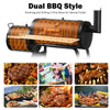Outdoor BBQ grill with dual cooking style, featuring a heavy-duty steel design and side shelf for convenience.