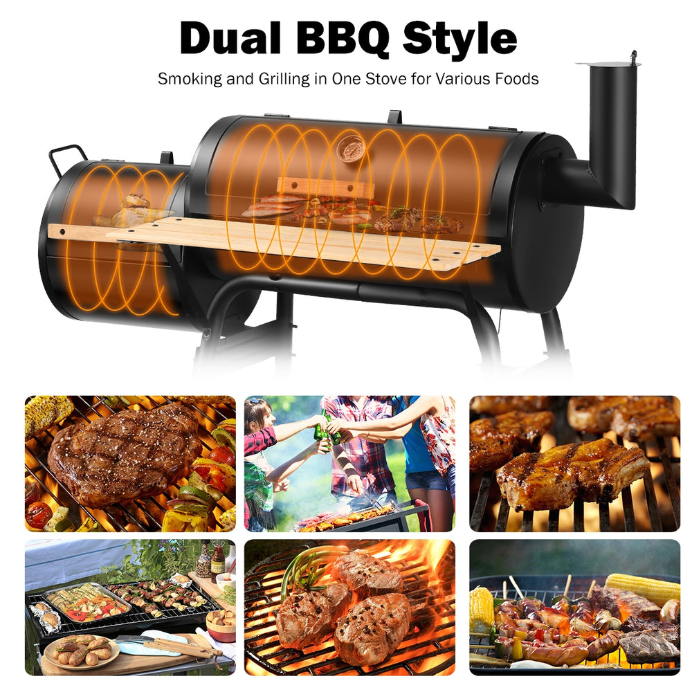 Outdoor BBQ grill with dual cooking style, featuring a heavy-duty steel design and side shelf for convenience.