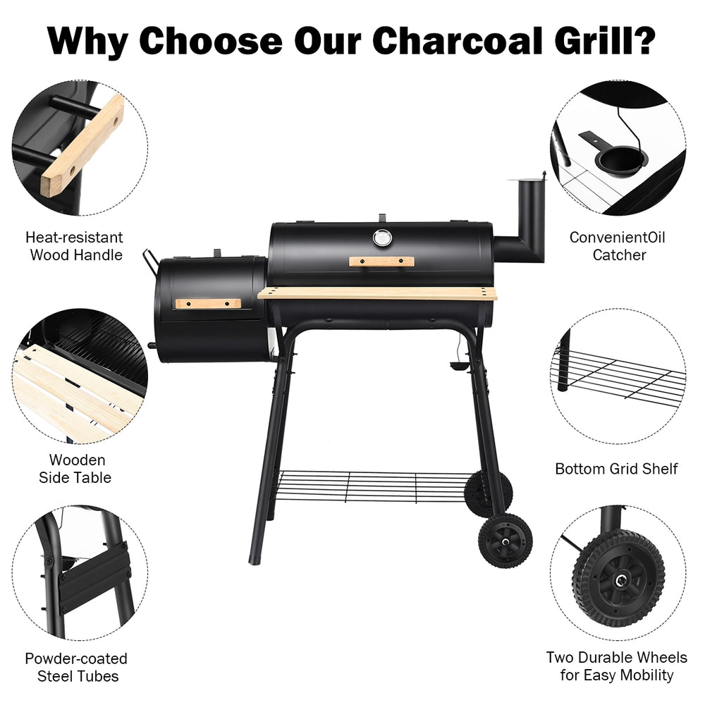 Outdoor BBQ grill with heavy-duty steel construction, side shelf, and durable wheels for easy mobility.