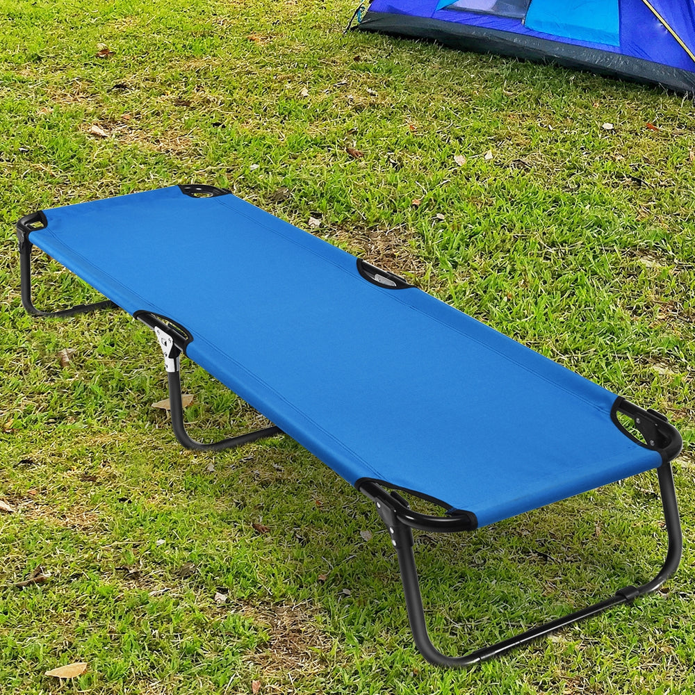Portable folding camping cot in blue with a sturdy iron frame, ideal for outdoor activities like hiking and traveling.