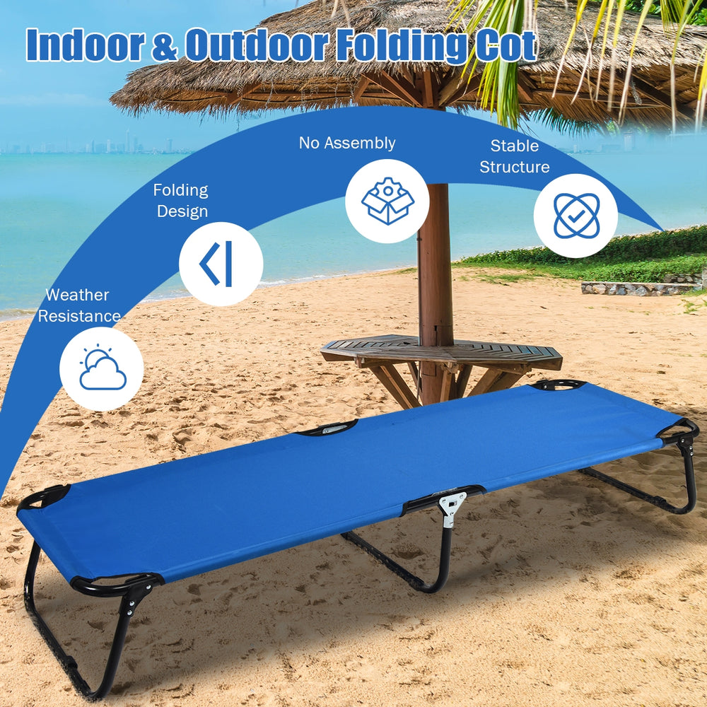 Portable folding camping cot with sturdy iron frame and breathable 600D Oxford cloth, ideal for outdoor activities.