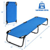 Folding camping cot shown from a side view, featuring a sturdy iron frame and non-slip foot mats for added stability.