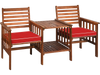 Outdoor patio loveseat set featuring acacia wood chairs with red cushions and a coffee table, perfect for garden.