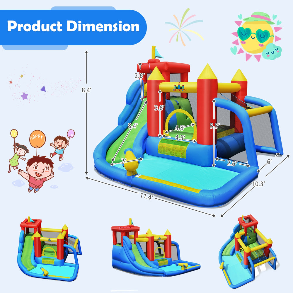 Inflatable bounce house splash pool with water slide, featuring multiple play areas for kids aged 3-10 years.