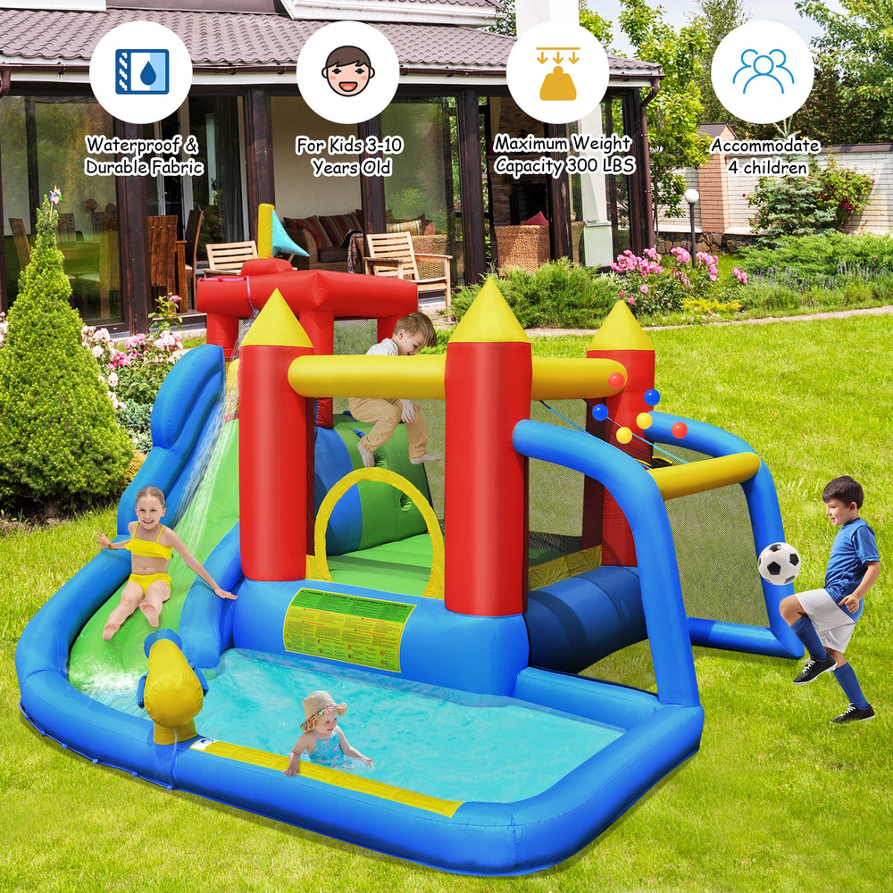 Inflatable bounce house splash pool with water slide, featuring safety fence, for kids aged 3-10, accommodates 4.