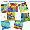Inflatable bounce house splash pool featuring multiple play areas, including water slide, climbing wall, and splash.