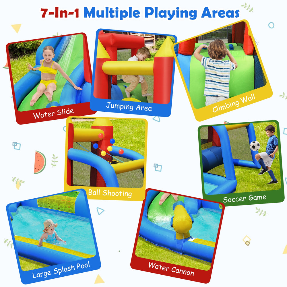Inflatable bounce house splash pool featuring multiple play areas, including water slide, climbing wall, and splash.