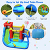 Inflatable bounce house splash pool with water slide, featuring multiple play areas and safety fence for kids aged 3-10.