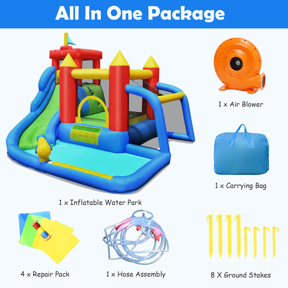 Inflatable bounce house splash pool with water slide, made of puncture-resistant Oxford, ideal for kids aged 3-10.