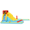 Side view of the 7-in-1 inflatable water park featuring dual slides, climbing wall, and pool for summer outdoor.