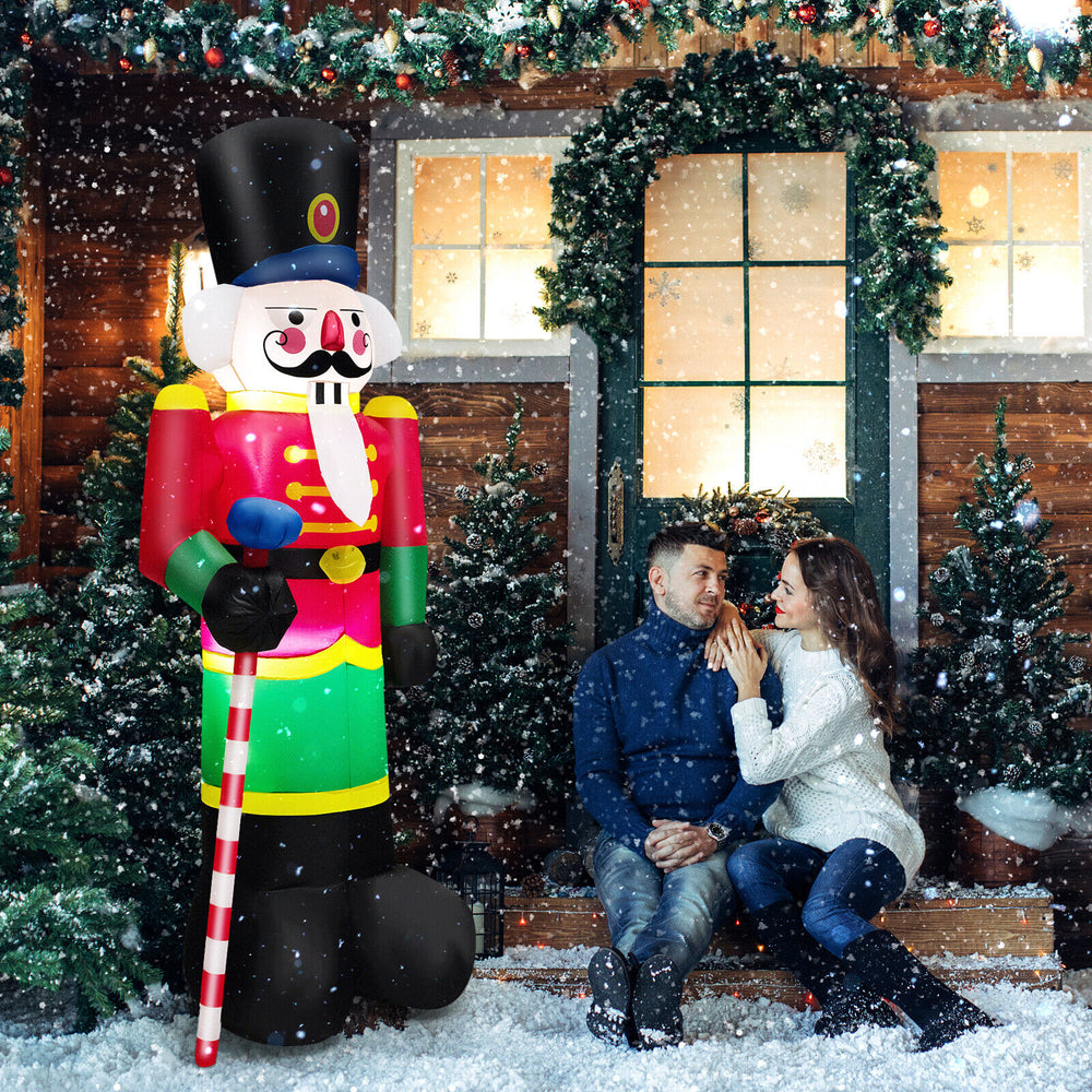 Inflatable 8 feet nutcracker soldier with LED lights, perfect for outdoor Christmas decoration and festive atmosphere.