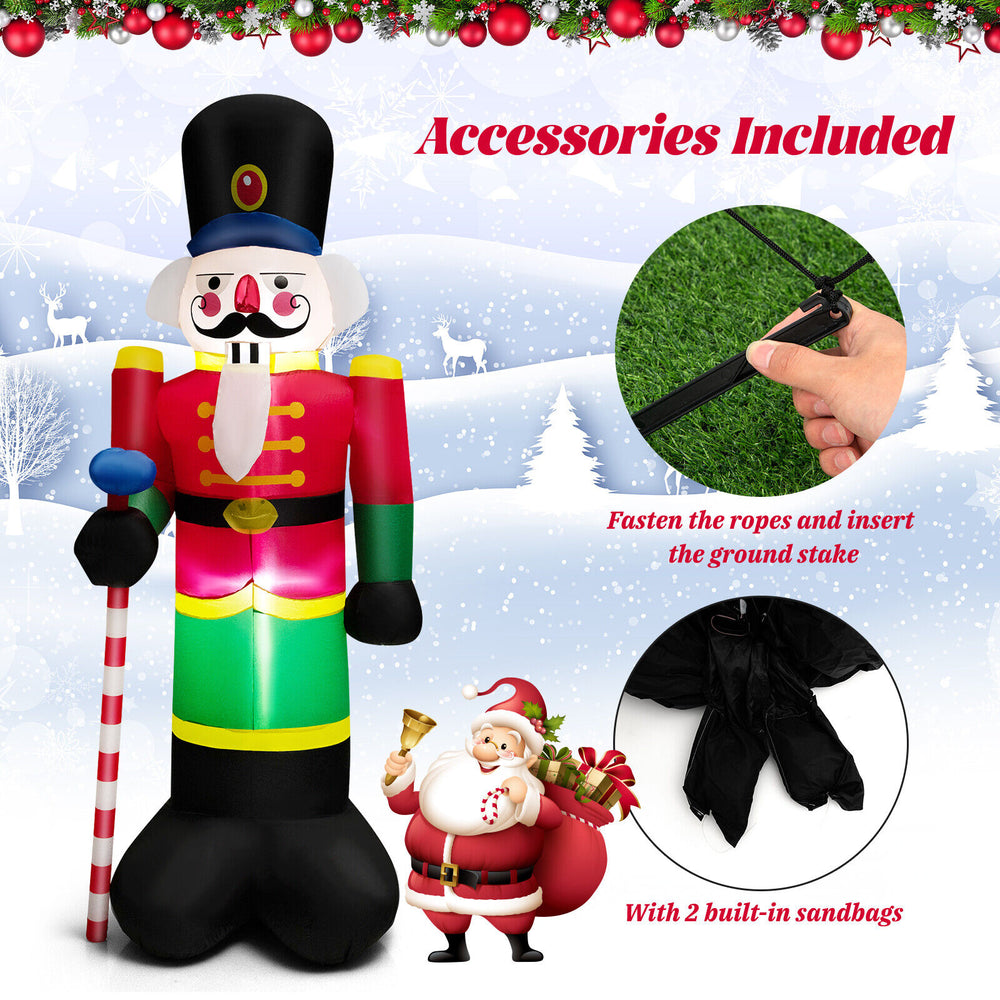 Inflatable 8 feet nutcracker soldier with 2 LED lights, made of weather-resistant polyester, perfect for Christmas yard.