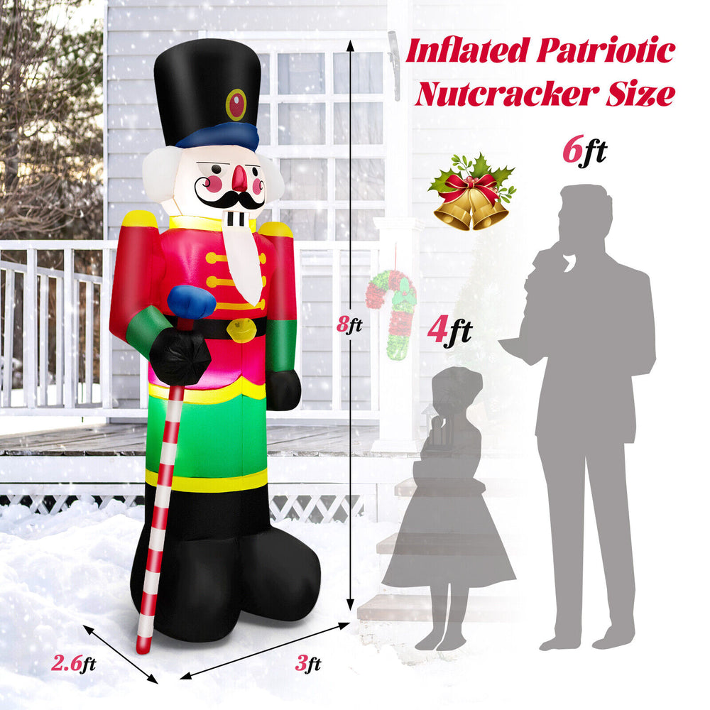 8-foot inflatable nutcracker soldier with bright LED lights, made of durable polyester, ideal for outdoor holiday.