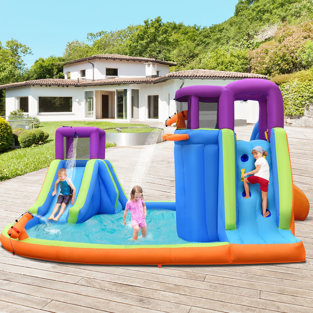 Colorful 6-in-1 inflatable dual water slide bounce house with water sprayers, perfect for summer fun and active play.