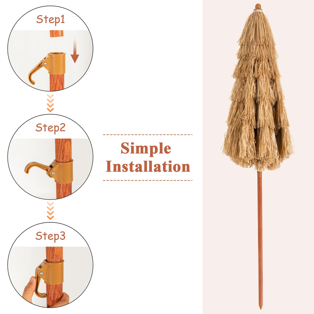 Portable 6.5 feet thatched tiki beach umbrella with adjustable tilt for easy sun protection during outdoor activities.
