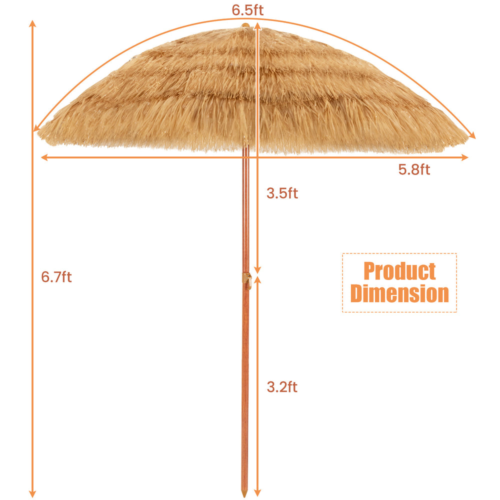 6.5 feet portable thatched tiki beach umbrella with adjustable tilt, featuring a durable iron structure for stability.