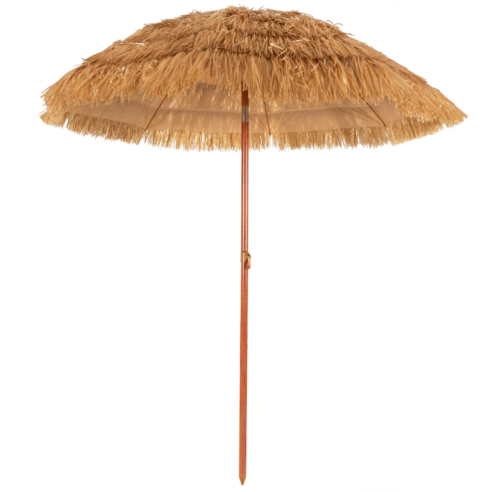 Portable 6.5 feet thatched tiki beach umbrella with adjustable tilt, ideal for outdoor relaxation and sun protection.