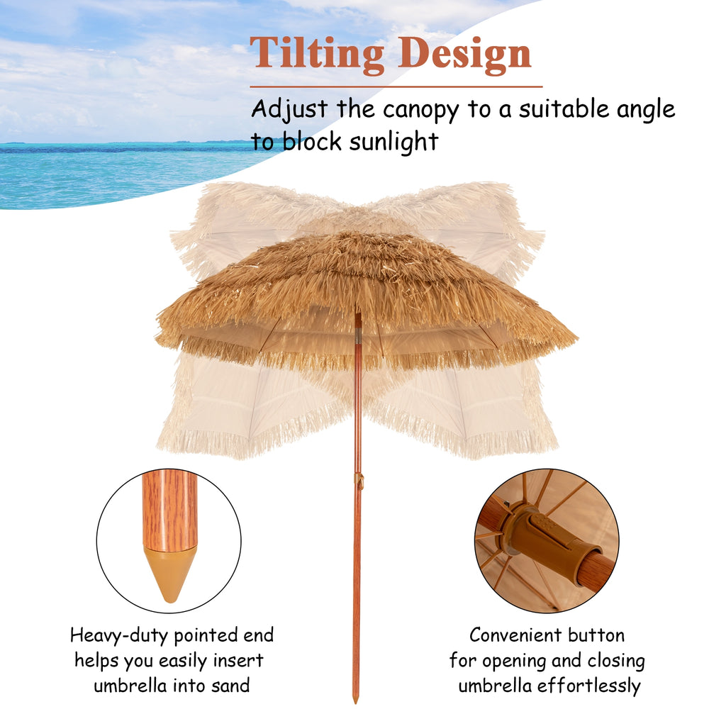 6.5 feet portable thatched tiki beach umbrella with adjustable tilt for sun protection, ideal for outdoor leisure.