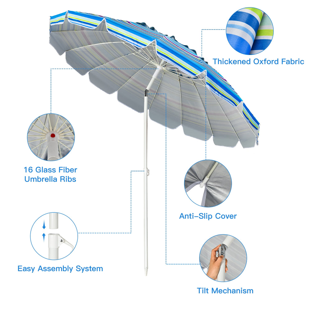 8FT portable beach umbrella in blue with tilt mechanism and fiberglass ribs, perfect for garden and patio use.